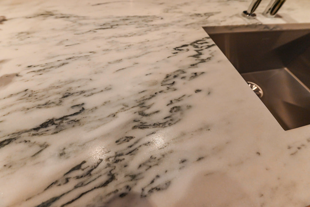 Smallbone Transitional White Oak Kitchen with Marble Countertops & Miele Appliances