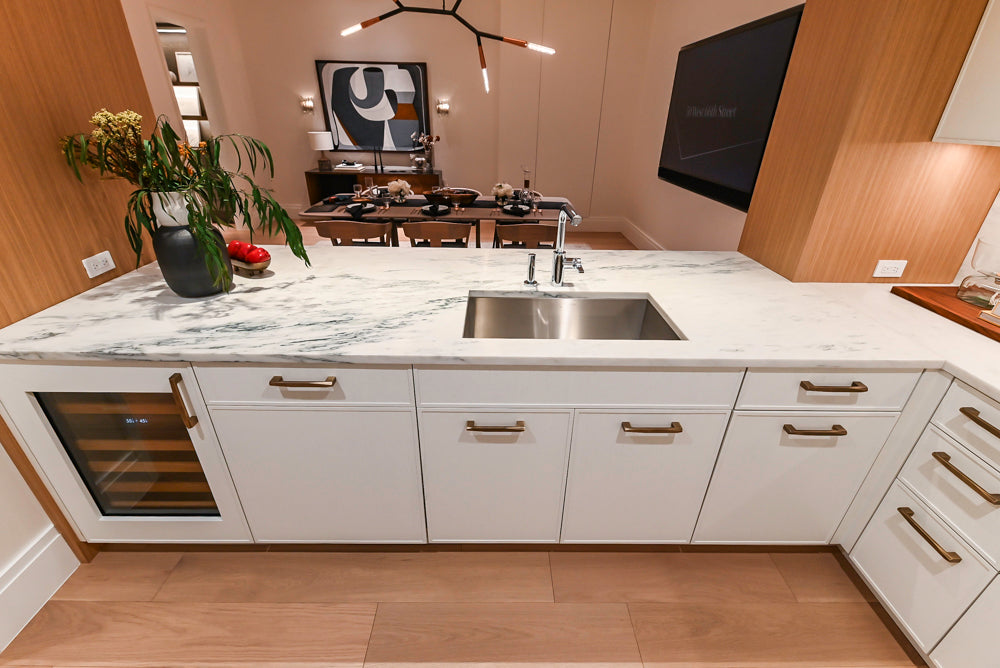 Smallbone Transitional White Oak Kitchen with Marble Countertops & Miele Appliances