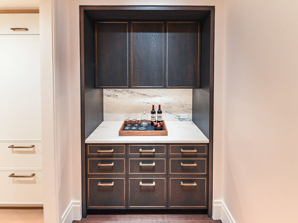 Smallbone Transitional Dark Brown Wood Veneer Pantry with White Marble Countertops
