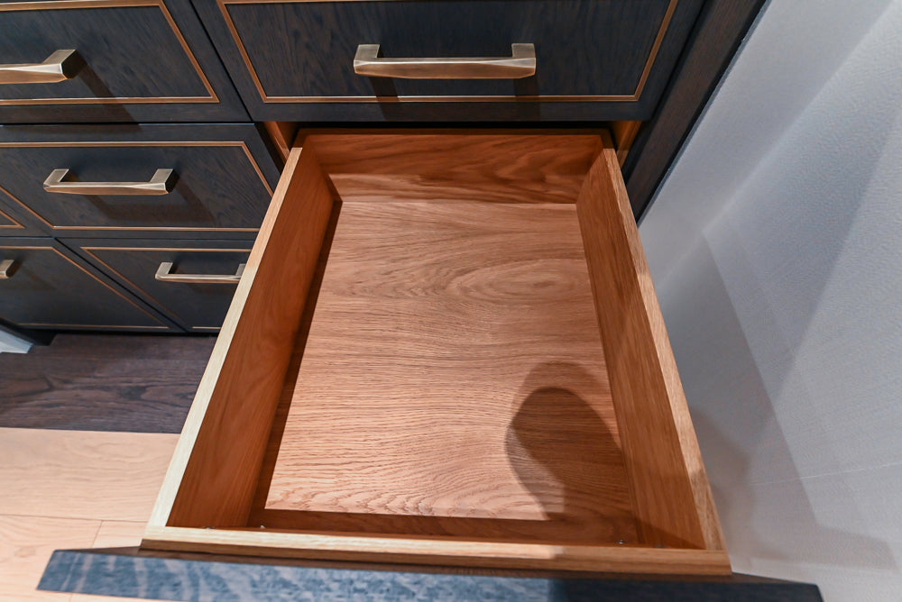 Smallbone Transitional Dark Brown Wood Veneer Pantry with White Marble Countertops