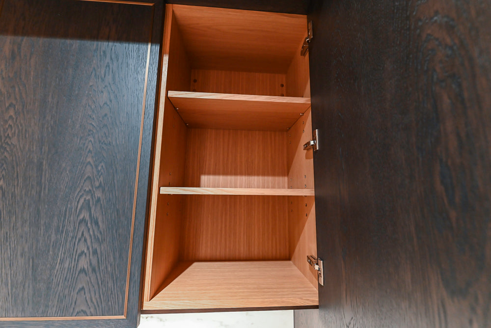 Transitional Dark Brown Wood Veneer Pantry with White Marble Countertops