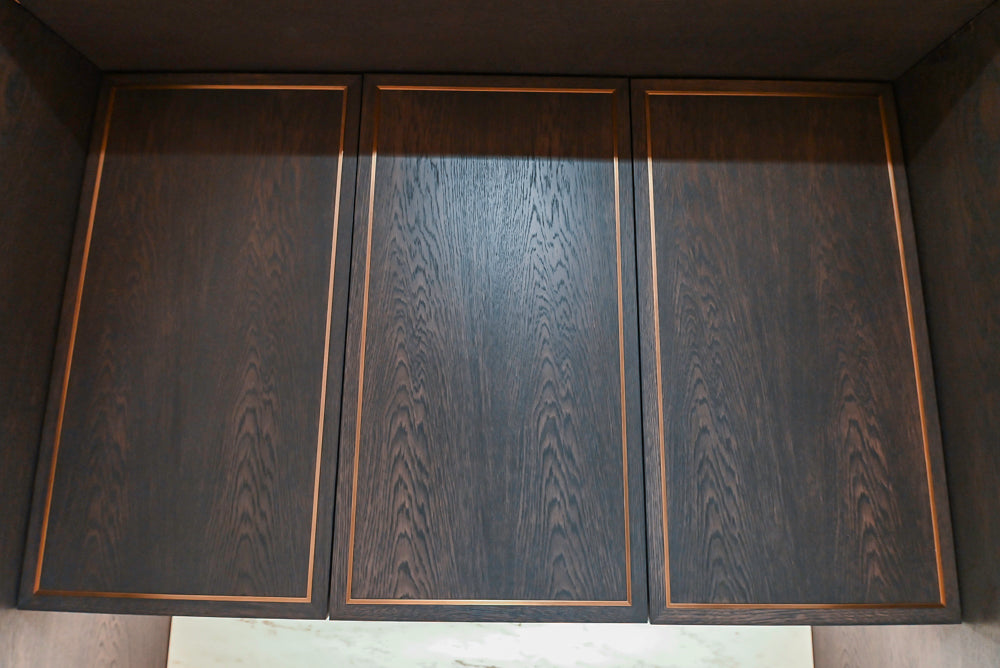 Transitional Dark Brown Wood Veneer Pantry with White Marble Countertops