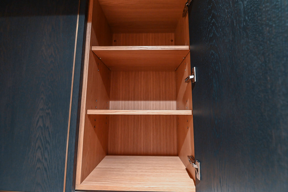 Transitional Dark Brown Wood Veneer Pantry with White Marble Countertops