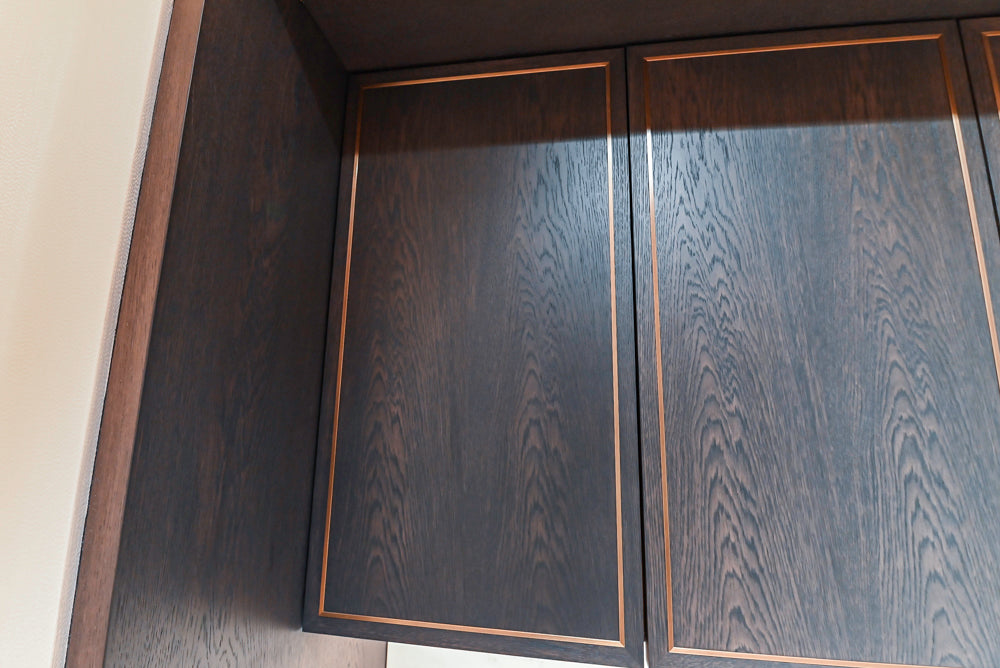 Transitional Dark Brown Wood Veneer Pantry with White Marble Countertops