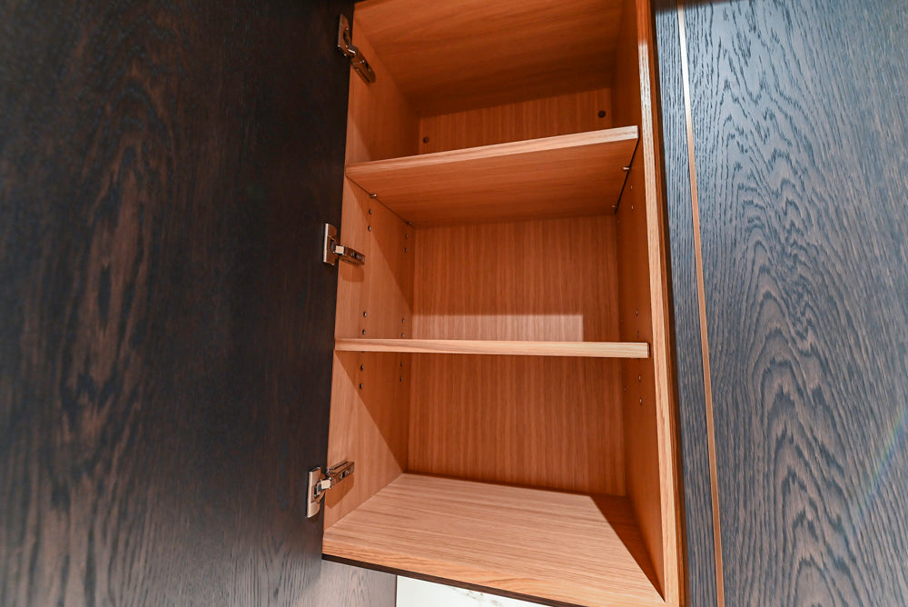 Transitional Dark Brown Wood Veneer Pantry with White Marble Countertops