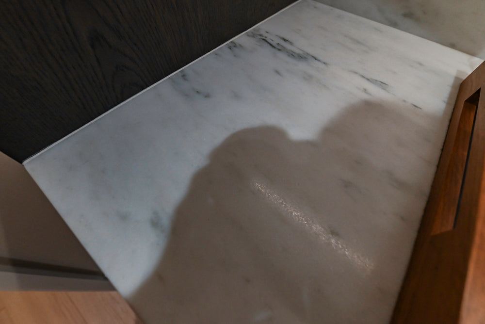 Transitional Dark Brown Wood Veneer Pantry with White Marble Countertops