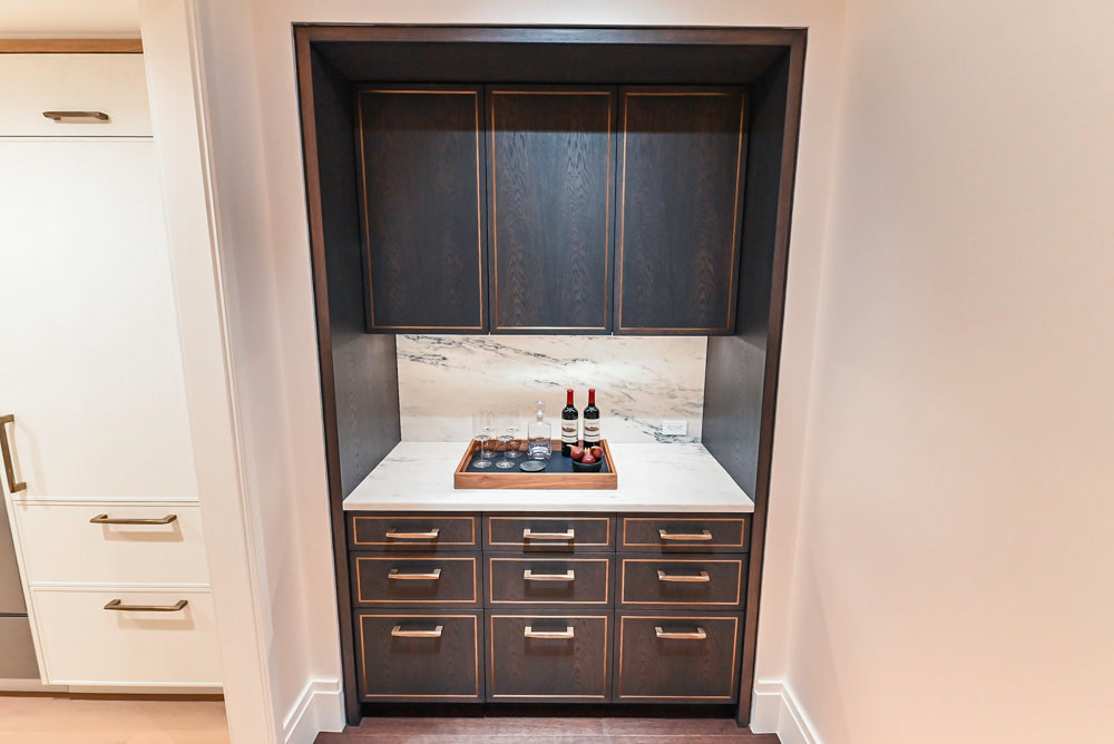 Smallbone Transitional Dark Brown Wood Veneer Pantry with White Marble Countertops