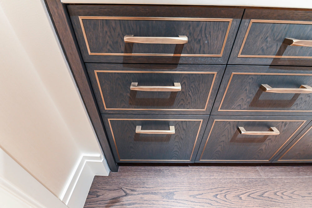 Smallbone Transitional Dark Brown Wood Veneer Pantry with White Marble Countertops