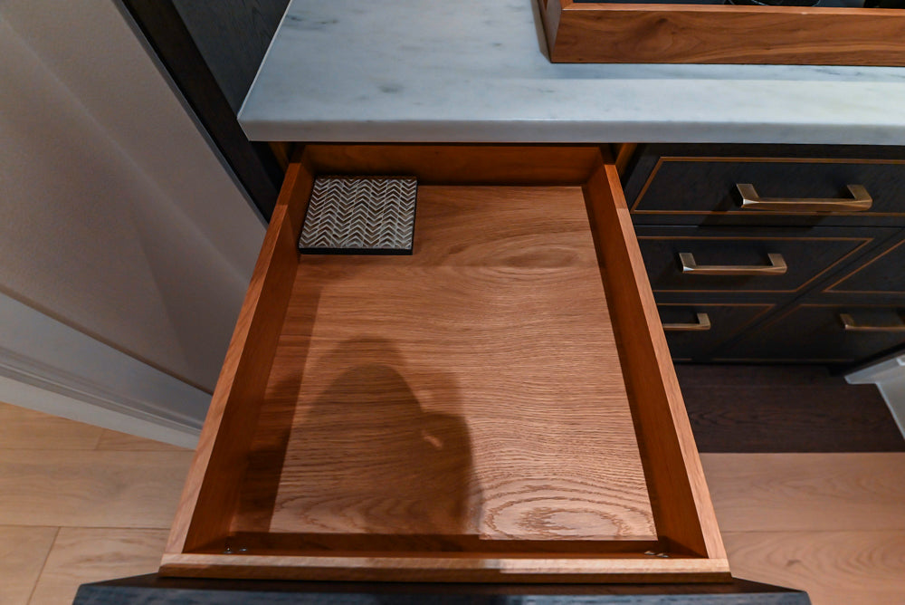 Smallbone Transitional Dark Brown Wood Veneer Pantry with White Marble Countertops