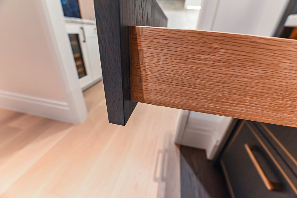 Smallbone Transitional Dark Brown Wood Veneer Pantry with White Marble Countertops