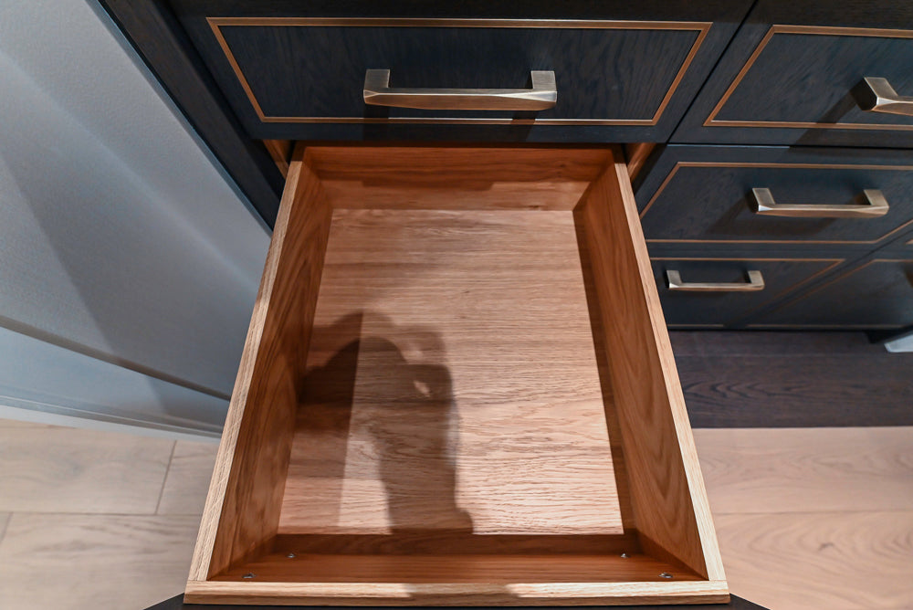 Smallbone Transitional Dark Brown Wood Veneer Pantry with White Marble Countertops