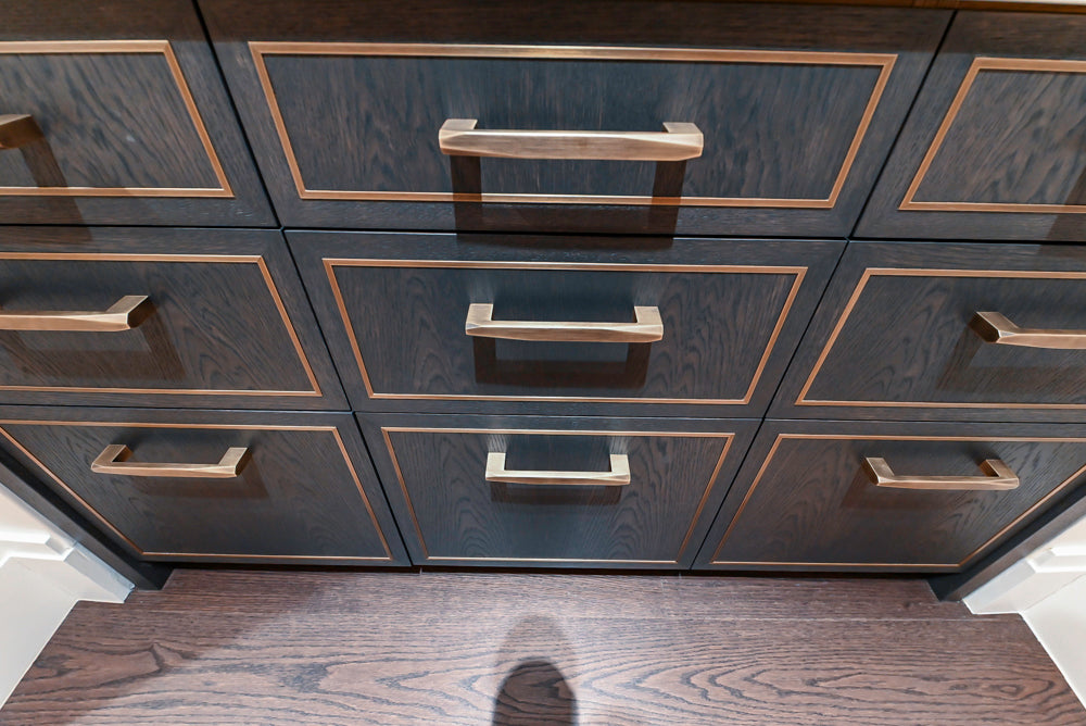 Smallbone Transitional Dark Brown Wood Veneer Pantry with White Marble Countertops