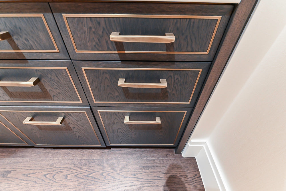 Smallbone Transitional Dark Brown Wood Veneer Pantry with White Marble Countertops