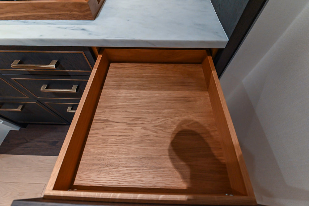 Smallbone Transitional Dark Brown Wood Veneer Pantry with White Marble Countertops