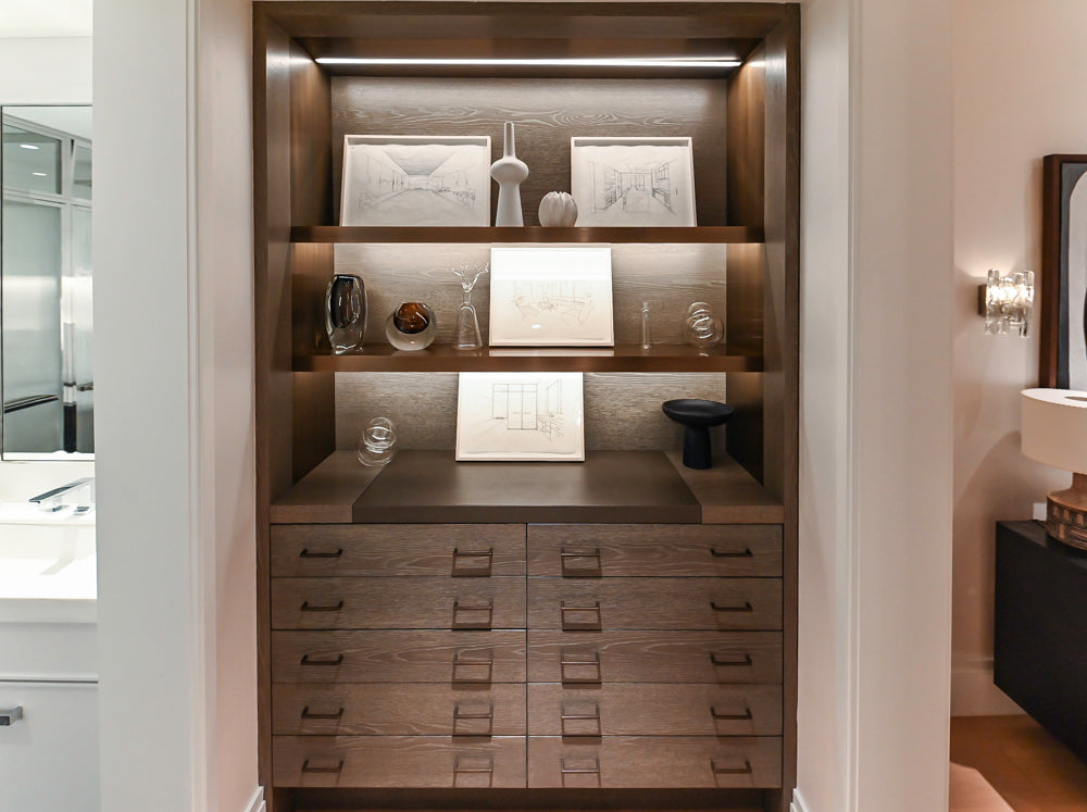Smallbone Transitional Dark Brown Wood Veneer Side Pantry with Open Shelving