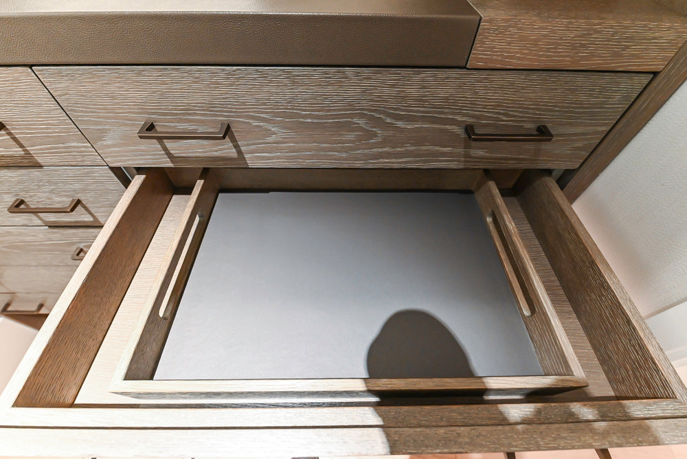 Smallbone Transitional Dark Brown Wood Veneer Side Pantry with Open Shelving