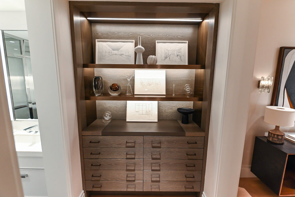 Smallbone Transitional Dark Brown Wood Veneer Side Pantry with Open Shelving