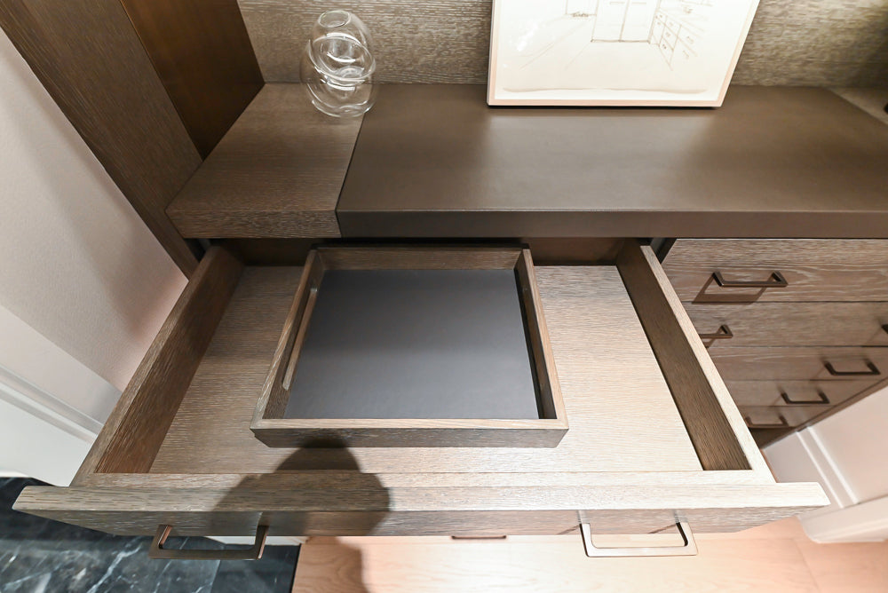 Smallbone Transitional Dark Brown Wood Veneer Side Pantry with Open Shelving