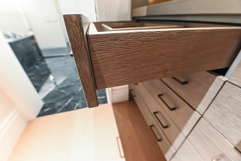 Smallbone Transitional Dark Brown Wood Veneer Side Pantry with Open Shelving