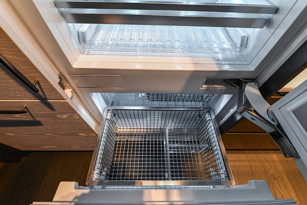Modern White and Brown Wood Veneer Kitchen with Waterfall Island, Marble Countertops & Miele Appliances
