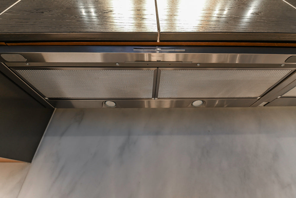 Modern White and Brown Wood Veneer Kitchen with Waterfall Island, Marble Countertops & Miele Appliances