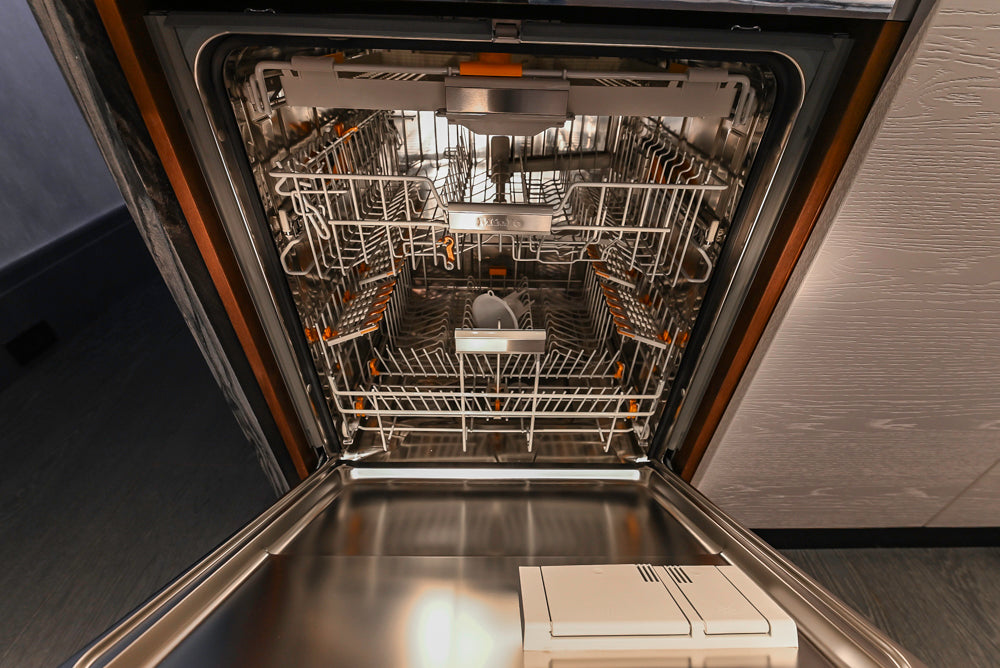 Modern White and Brown Wood Veneer Kitchen with Waterfall Island, Marble Countertops & Miele Appliances
