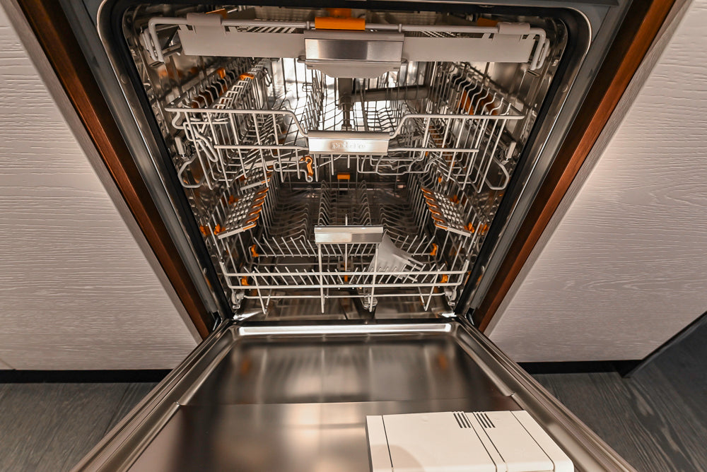 Modern White and Brown Wood Veneer Kitchen with Waterfall Island, Marble Countertops & Miele Appliances