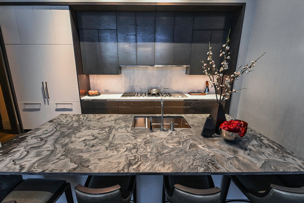 Modern White and Brown Wood Veneer Kitchen with Waterfall Island, Marble Countertops & Miele Appliances