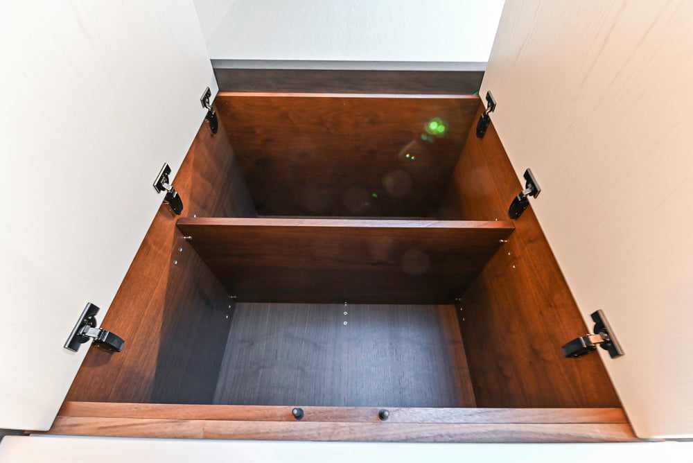 Modern White and Brown Wood Veneer Kitchen with Waterfall Island, Marble Countertops & Miele Appliances