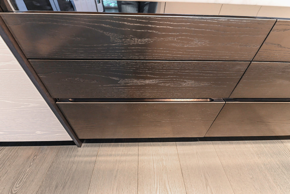 Modern White and Brown Wood Veneer Kitchen with Waterfall Island, Marble Countertops & Miele Appliances