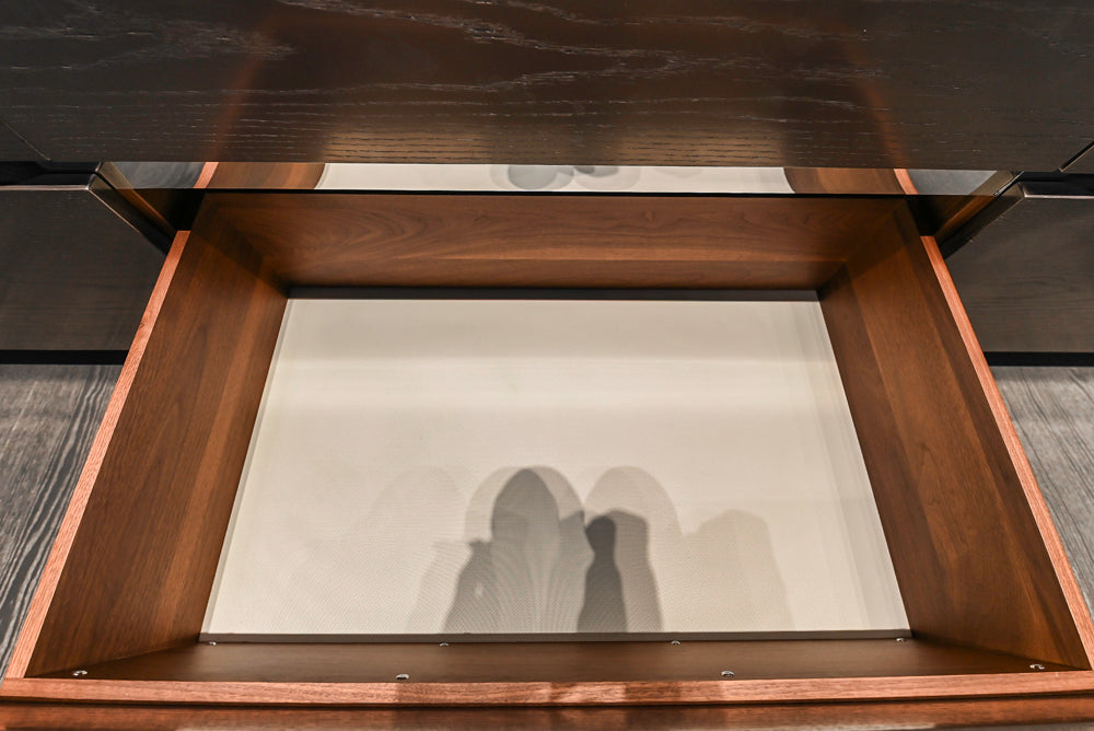 Modern White and Brown Wood Veneer Kitchen with Waterfall Island, Marble Countertops & Miele Appliances