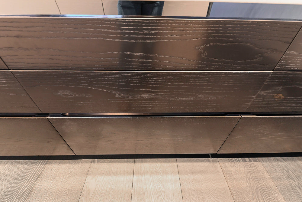 Modern White and Brown Wood Veneer Kitchen with Waterfall Island, Marble Countertops & Miele Appliances