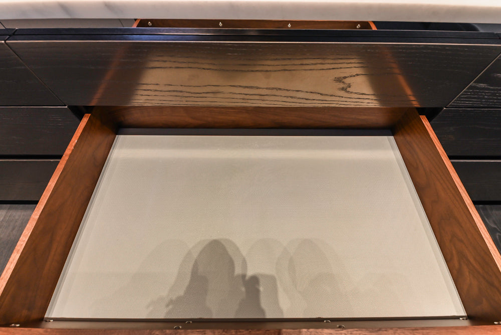 Modern White and Brown Wood Veneer Kitchen with Waterfall Island, Marble Countertops & Miele Appliances