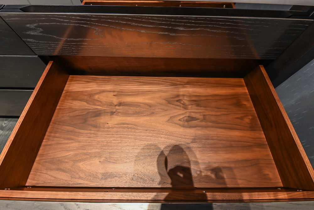 Modern White and Brown Wood Veneer Kitchen with Waterfall Island, Marble Countertops & Miele Appliances