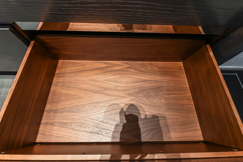 Modern White and Brown Wood Veneer Kitchen with Waterfall Island, Marble Countertops & Miele Appliances