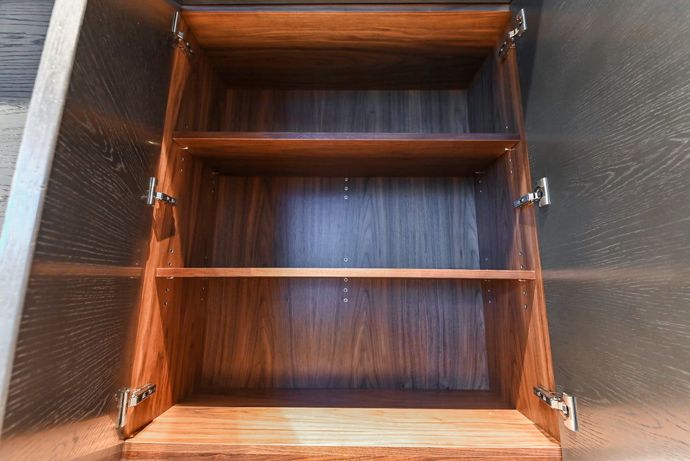 Modern White and Brown Wood Veneer Kitchen with Waterfall Island, Marble Countertops & Miele Appliances