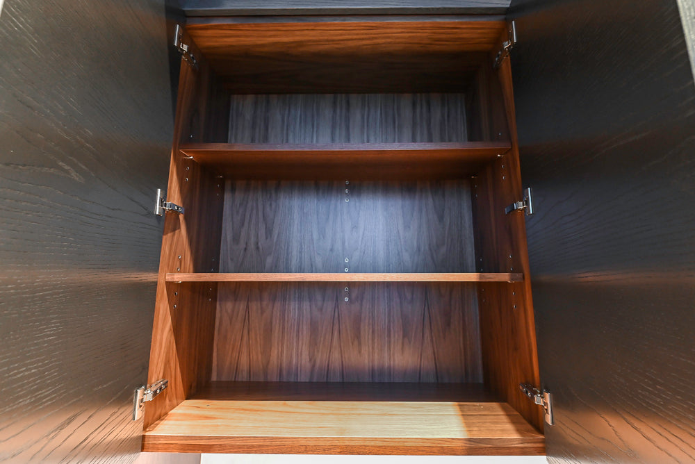 Modern White and Brown Wood Veneer Kitchen with Waterfall Island, Marble Countertops & Miele Appliances