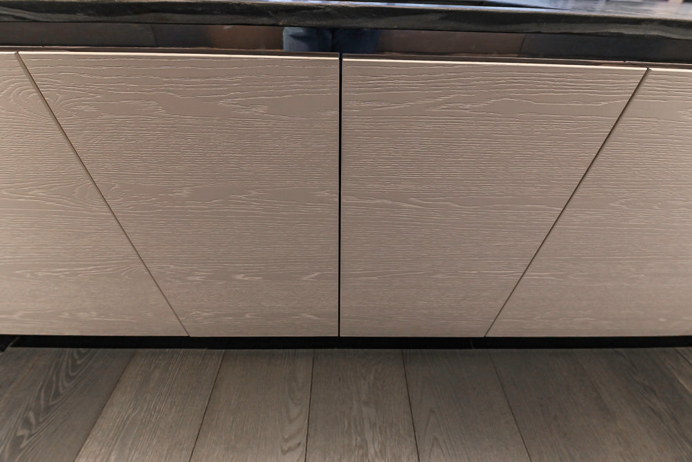 Modern White and Brown Wood Veneer Kitchen with Waterfall Island, Marble Countertops & Miele Appliances