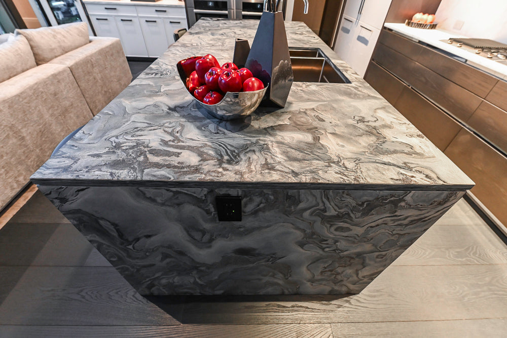 Modern White and Brown Wood Veneer Kitchen with Waterfall Island, Marble Countertops & Miele Appliances