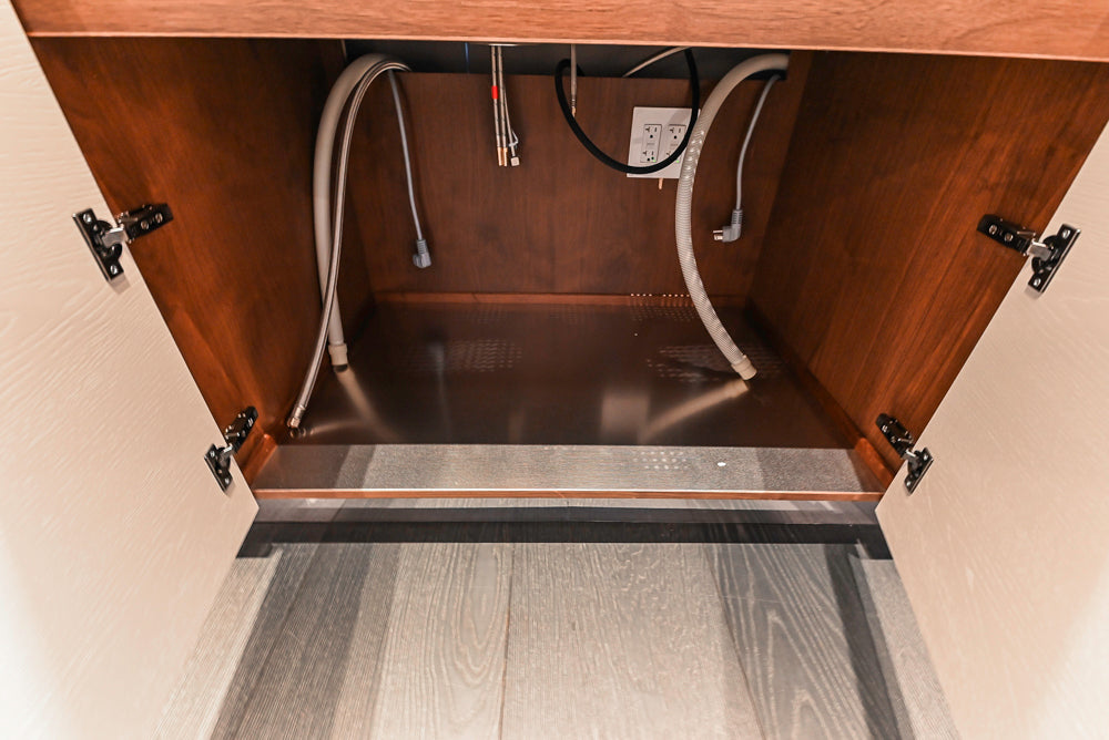 Modern White and Brown Wood Veneer Kitchen with Waterfall Island, Marble Countertops & Miele Appliances
