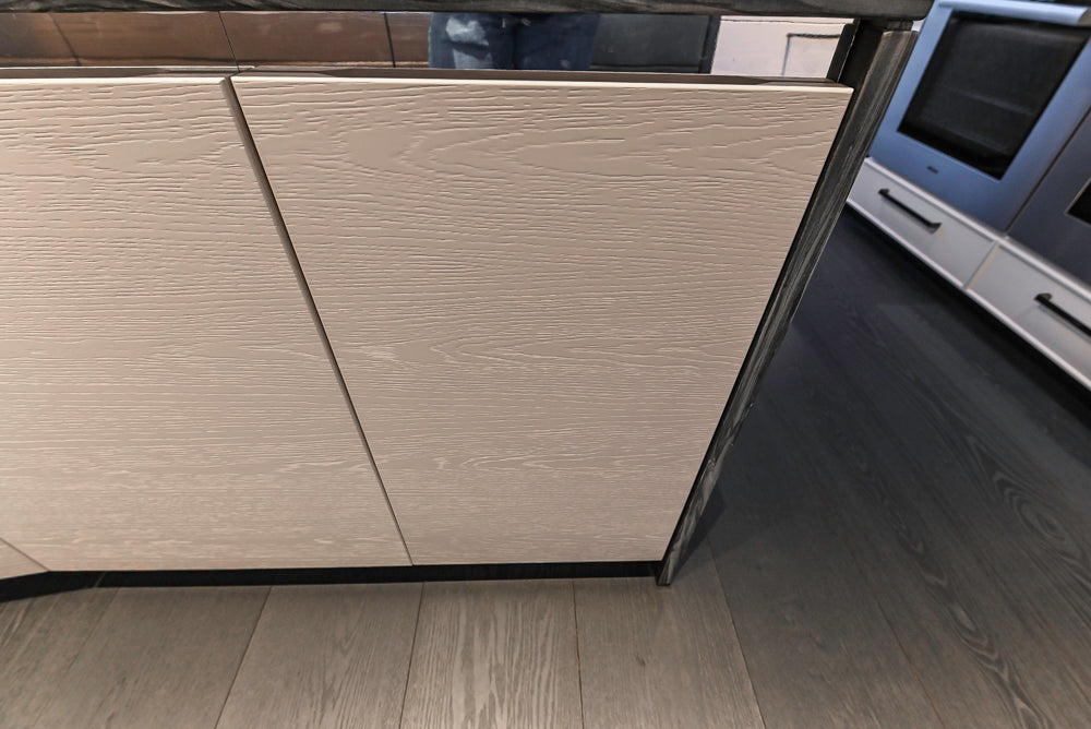 Modern White and Brown Wood Veneer Kitchen with Waterfall Island, Marble Countertops & Miele Appliances