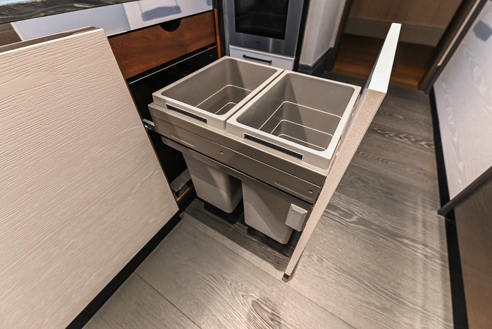 Modern White and Brown Wood Veneer Kitchen with Waterfall Island, Marble Countertops & Miele Appliances