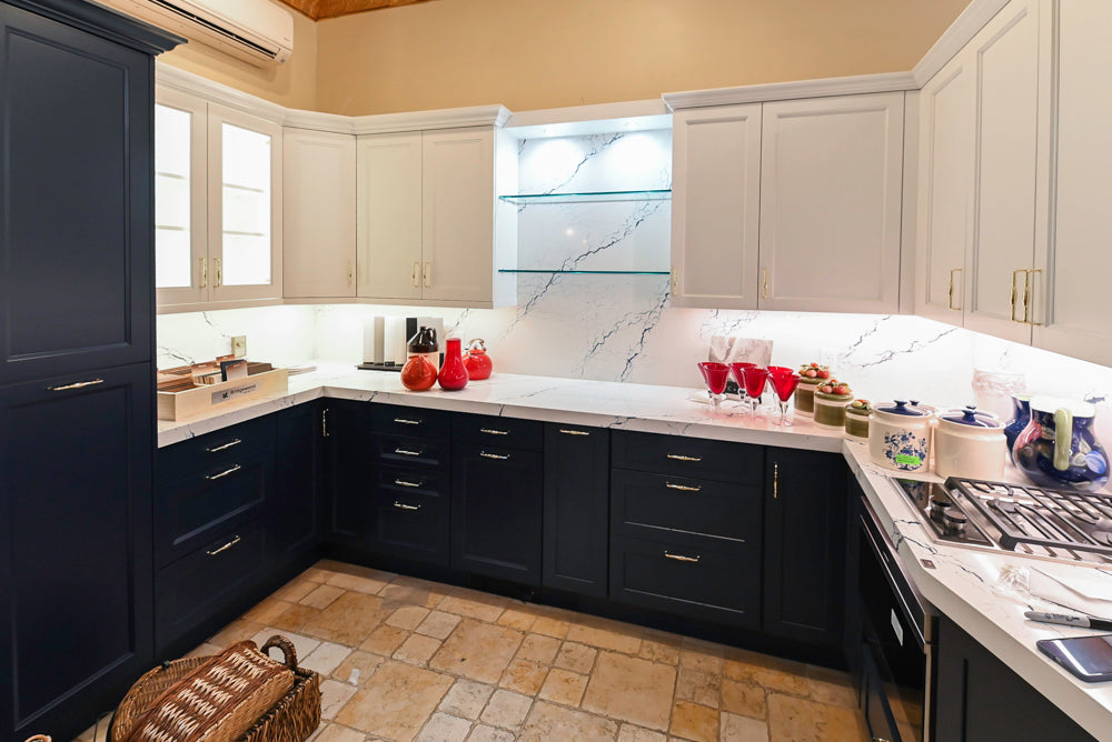 Wood-Mode "PLUS" Traditional Navy & White Kitchen with White Cambria Countertops
