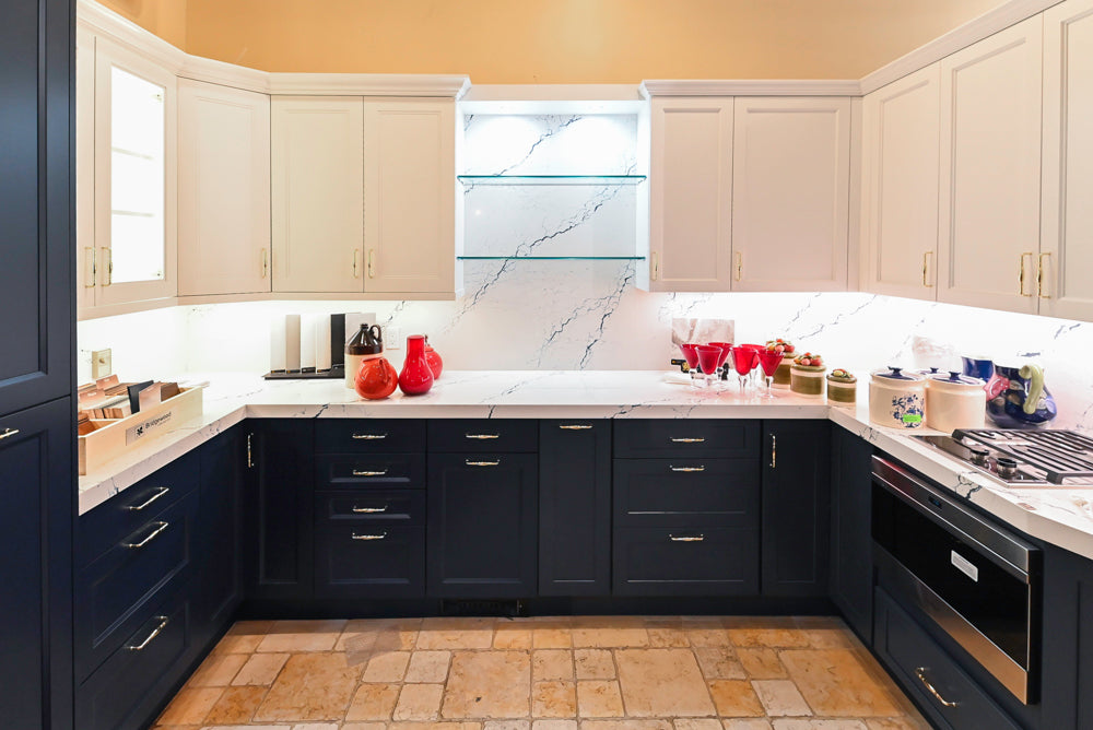 Wood-Mode "PLUS" Traditional Navy & White Kitchen with White Cambria Countertops