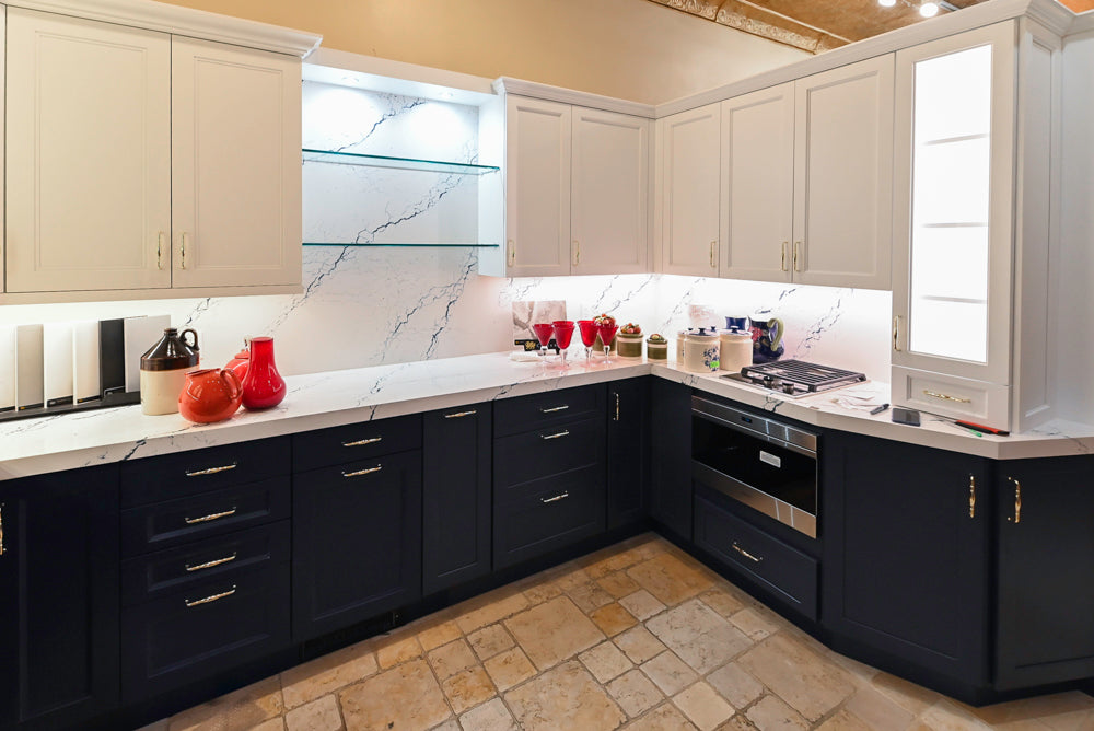 Wood-Mode "PLUS" Traditional Navy & White Kitchen with White Cambria Countertops