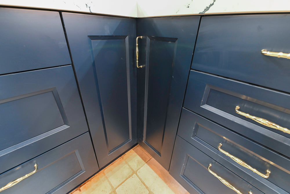 Wood-Mode "PLUS" Traditional Navy & White Kitchen with White Cambria Countertops