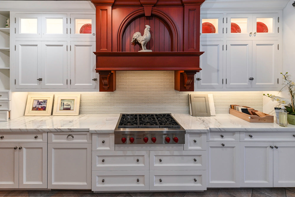 Amish Custom Cabinets with Mahogany Hood in Traditional Classic White Kitchen & Two-Toned Dry Bar