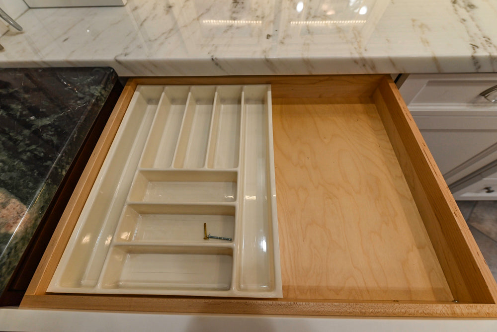 Amish Custom Cabinets with Mahogany Hood in Traditional Classic White Kitchen & Two-Toned Dry Bar
