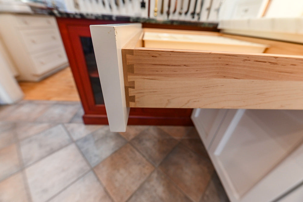 Amish Custom Cabinets with Mahogany Hood in Traditional Classic White Kitchen & Two-Toned Dry Bar