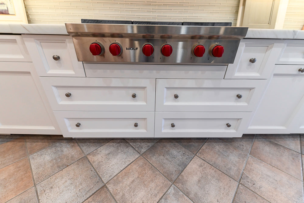 Amish Custom Cabinets with Mahogany Hood in Traditional Classic White Kitchen & Two-Toned Dry Bar